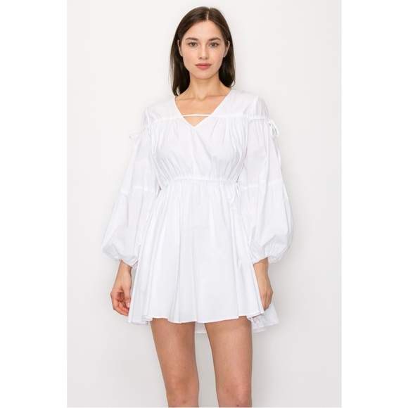 White 100% Cotton Lantern Sleeve Gather Tie Detail Mini Dress - Picture 2 of 5